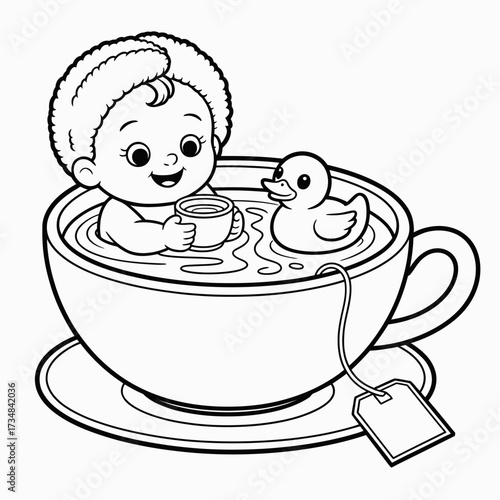 A charming coloring page of a joyful baby enjoying bath time in a huge teacup, accompanied by a cute duck, evoking feelings of innocence and playful moments.