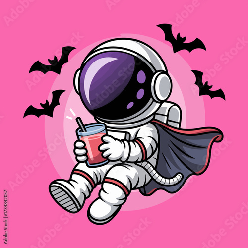 A whimsical astronaut character, sipping a colorful drink, set against a vibrant pink background with bats flying around, combining space themes and Halloween fun.