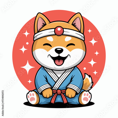 This delightful illustration showcases a smiling Shiba Inu dressed in a karate uniform with a headband, portraying a sense of joy and determination in martial arts.