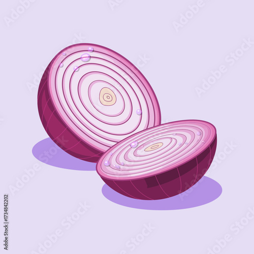 Two halves of a fresh red onion show their inner layers and vibrant color, highlighting the beauty of natural ingredients and culinary appeal in a minimalist design.