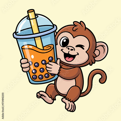A lively monkey joyfully holds a cup of bubble tea, capturing the fun of beverages popular among youth today and evoking a sense of playfulness and enjoyment.