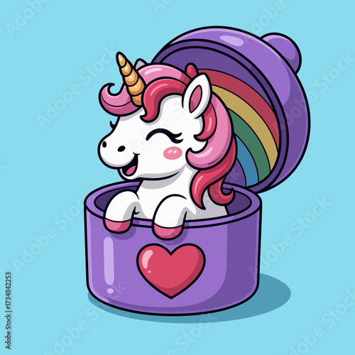 A cheerful unicorn emerges happily from a colorful box adorned with a rainbow, symbolizing joy and imagination in a whimsical setting meant to delight viewers of all ages.