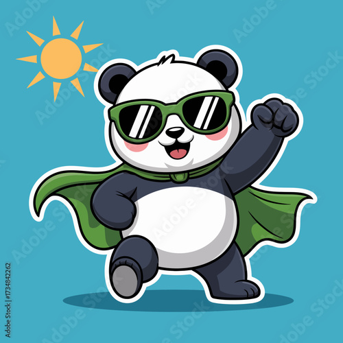 A playful panda wearing sunglasses and a superhero cape, striking a pose that radiates confidence and fun, perfect for children's content and vibrant graphic designs.