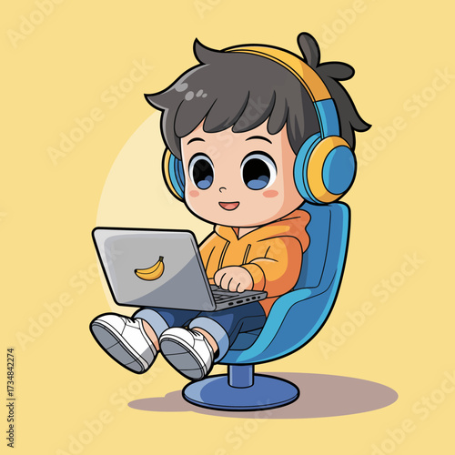 This charming illustration portrays a boy happily engaged with his laptop while wearing headphones, showcasing the joy of technology and creativity in a child's world.