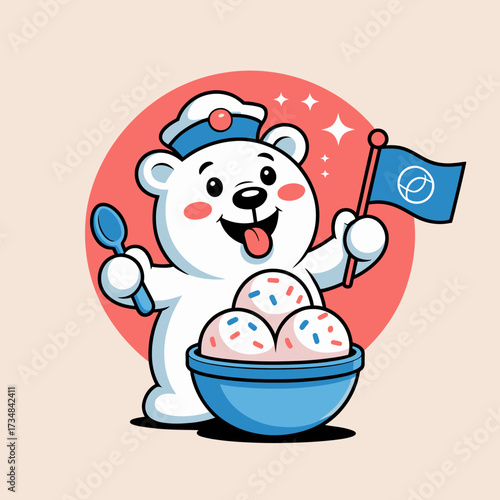 An adorable bear dressed as an ice cream vendor proudly presents a bowl of colorful ice cream, evoking feelings of happiness and delight in a cheerful and charming style.