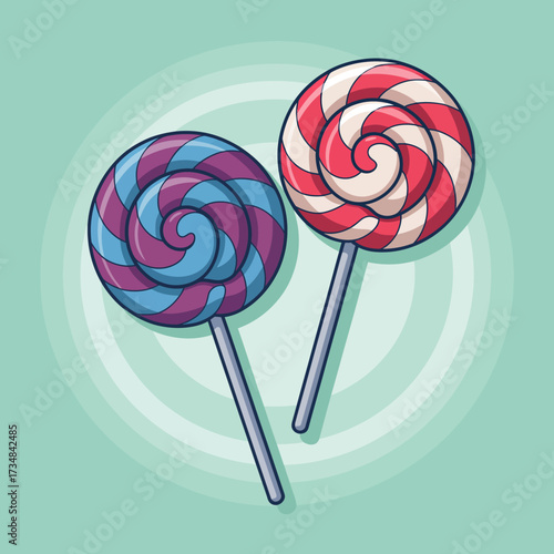 This image features two beautifully swirled lollipops in vibrant colors, representing sweetness and joy in a playful, eye-catching design perfect for candy lovers.