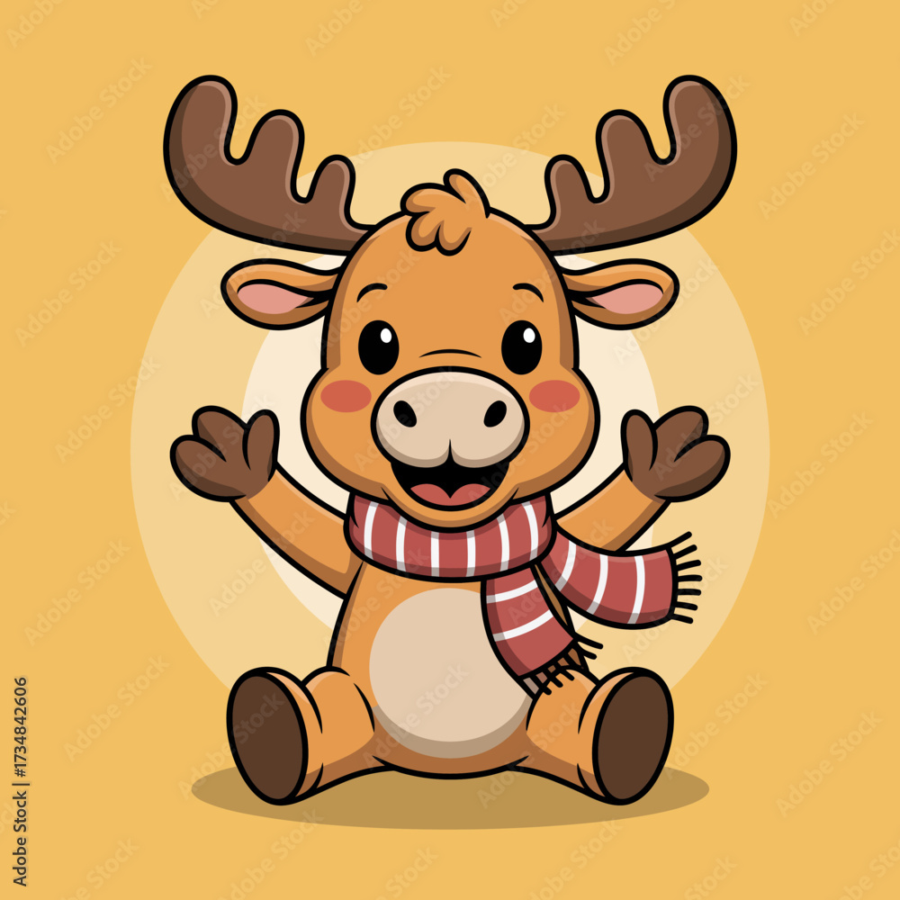Fototapeta premium A charming and happy cartoon moose wearing a striped scarf invokes warmth and cheer, perfect for children's themes and joyous occasions in a vibrant design.