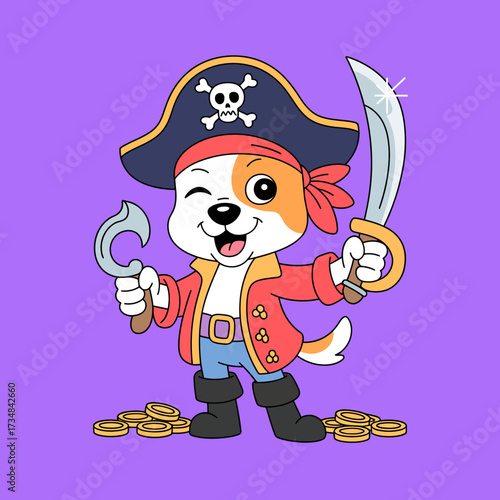 A playful dog dressed as a pirate winks while holding a sword and hook, surrounded by treasure coins, showcasing a fun and adventurous spirit on a vibrant purple background.
