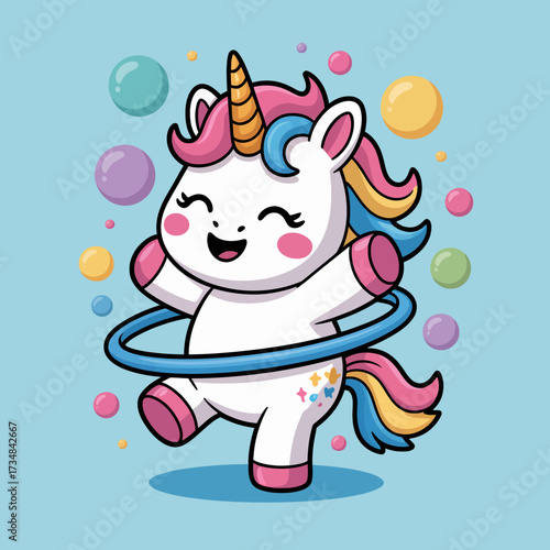This delightful unicorn character joyfully hula hoops among colorful bubbles, a whimsical representation of joy, playfulness, and imaginative childhood dreams.