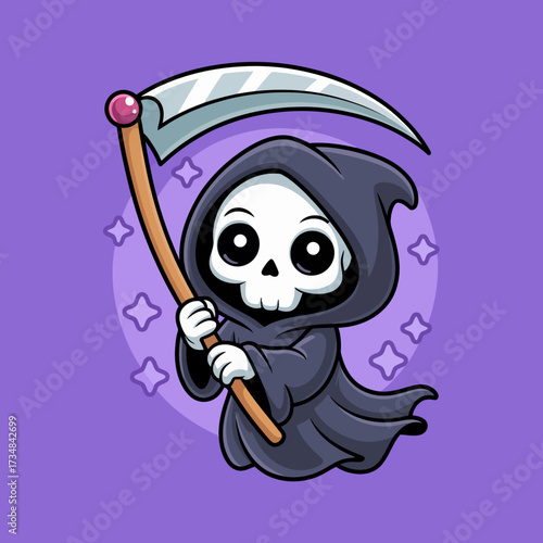 A whimsical illustration of a cartoonish Grim Reaper with a friendly expression, holding a scythe, brings together elements of humor and eeriness, creating a playful and unique character.