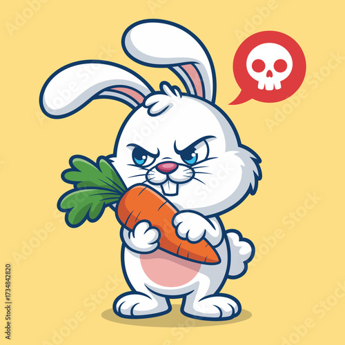 This mischievous rabbit is gripping a carrot with an angry expression, showcasing a playful mix of emotions and the humorous side of animal characters in a fun illustration.