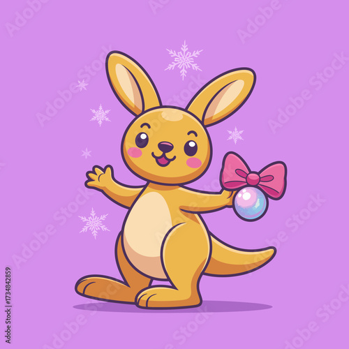 This charming kangaroo, adorned with a colorful bow and holding a shiny ornament, is full of joy and friendliness, making it a delightful character in any festive setting.
