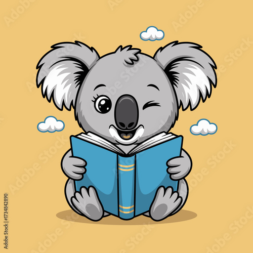 This delightful illustration shows a charming koala happily reading a book surrounded by fluffy clouds, symbolizing knowledge and a playful adventure in learning.