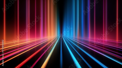 Colorful, neon-lit room with a long, colorful line running down the center. The room is filled with bright lights and the colors are vibrant and eye-catching. Scene is energetic and lively
