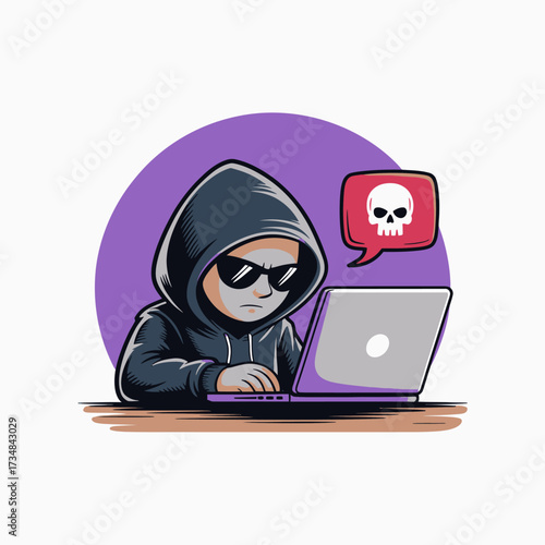A mysterious hacker wearing sunglasses and a hood is intensely focused on their laptop, symbolizing themes of technology, mystery, and cybersecurity in a modern context.