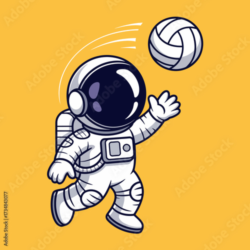 An astronaut joyfully tossing a volleyball in a vibrant yellow space backdrop, embodying a playful blend of sports and space exploration against a cosmic background.