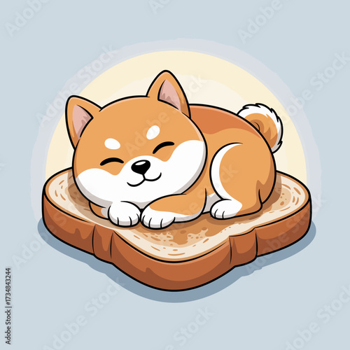 This cute Shiba Inu is peacefully napping on a slice of bread, showcasing an endearing blend of playfulness and comfort that appeals to dog lovers everywhere.