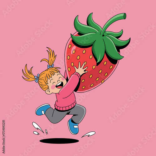 A joyful child happily carries a massive strawberry, embodying the pure essence of childhood joy, love for fruit, and playful imagination in a colorful art style.