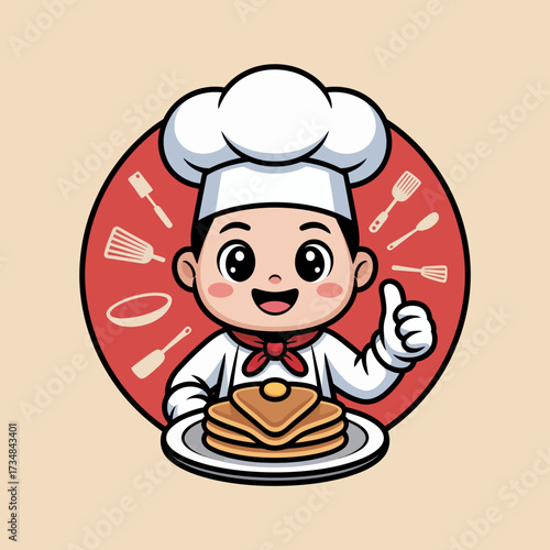 A cheerful young chef in a white hat smiles and gives a thumbs-up while presenting a delicious plate of pancakes, radiating a sense of joy and passion for cooking and culinary arts.