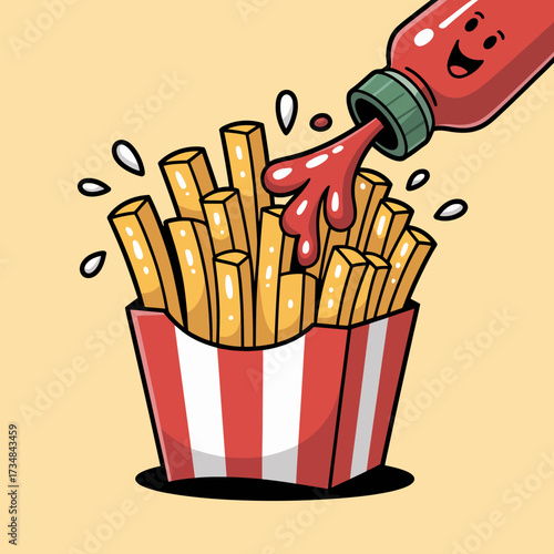 A fun illustration of crispy French fries spilling ketchup, emphasizing the delightful combination of fast food and playful art that evokes cravings in a colorful presentation.