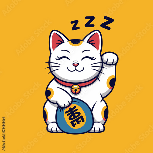 A cute, sleepy Maneki Neko cat with a traditional bell is resting while exuding a delightful charm, embodying the essence of good luck and positive energy in a vibrant design.