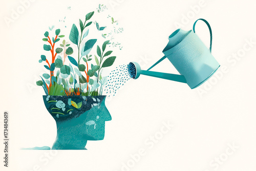 Nurturing Ideas: A head filled with plants being watered, symbolizing growth, learning, and the cultivation of knowledge.