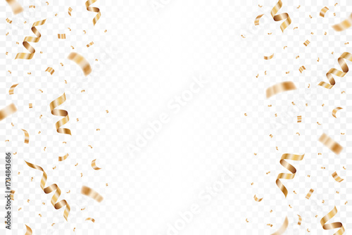 Luxury gold confetti flying isolated on a transparent background. Falling golden ribbon for carnival, New Year, birthday and festival design. Shiny confetti on white backdrop. Vector illustration