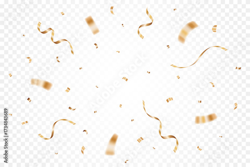 Gold confetti isolated on a transparent background. Falling golden ribbon for carnival, New Year, birthday and festival design. Confetti explosion on white backdrop. Vector illustration