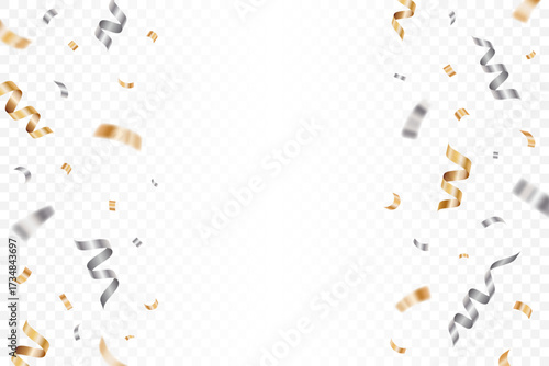 Luxury gold and silver confetti flying isolated on a transparent background. Falling golden ribbon for carnival, New Year, birthday and festival. Shiny confetti on white backdrop. Vector illustration