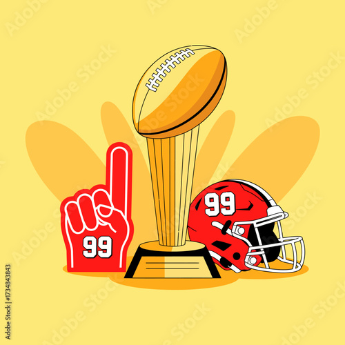 An iconic football trophy paired with a sports helmet and a foam finger, symbolizing victory, competition, and the thrill of sportsmanship in a vibrant design.