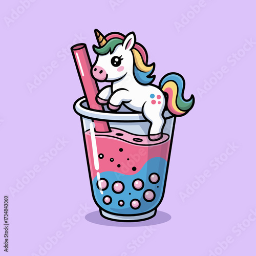 A whimsical unicorn character playfully perched on the rim of a bubble tea cup, featuring vibrant colors and a playful design that sparks joy and creativity.