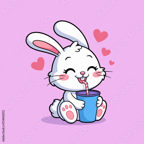 A joyful cartoon rabbit sipping from a cup, embodying cuteness and happiness while surrounded by hearts, perfect for evoking warmth and affection in design.