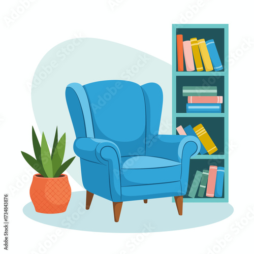 A vibrant blue upholstered chair sits next to a colorful bookshelf, creating a cozy reading nook highlighted with a decorative plant in a woven pot for added charm.