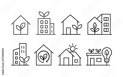 This 8-icon vector set represents eco-conscious housing and sustainable architecture through clean, modern line illustrations.
