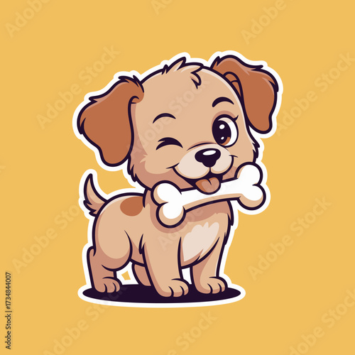 This adorable illustration features a playful puppy winking while holding a bone, showcasing its playful and endearing nature in a vibrant style.