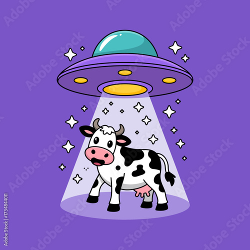 A cartoon cow is being beamed up by a UFO in a humorous cosmic setting. This image conveys a playful take on the classic alien abduction theme mixed with rural charm.