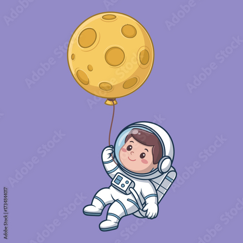 A delightful illustration of a young astronaut floating in space, holding a large moon-shaped balloon, symbolizing dreams and exploration in a playful, imaginative manner.