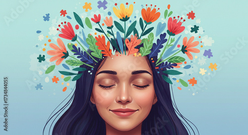 Experience blissful serenity as a calm woman connects with nature, her mind flourishing with vibrant flowers and symbolic puzzle pieces representing mental health and unique perspectives.