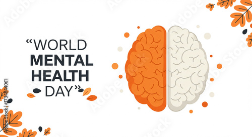 Promote World Mental Health Day with this vibrant brain illustration and autumn leaves, symbolizing balance and awareness for global well-being initiatives.