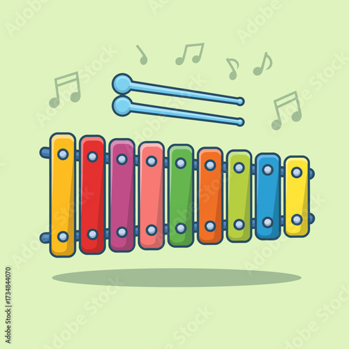 A vibrant xylophone with colorful bars and two drumsticks is displayed, accompanied by musical notes. This image captures the joy of music and playful learning through instruments.