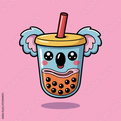 An adorable illustration of a bubble tea cup with koala ears and a smiling face, showcasing the joy and playfulness of trendy beverages in a bright, colorful style.