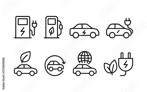 A modern icon set representing electric vehicles (EVs) and clean energy transportation.