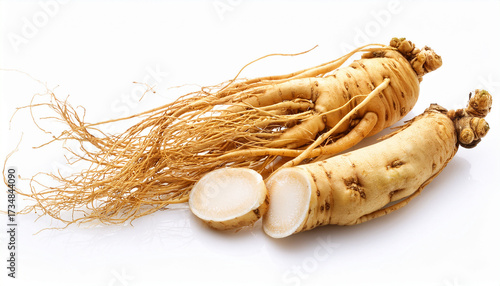 Korean Ginseng And Ginseng Root Ginseng Or Panax Ginseng Isolated On White Background With Clipping Path