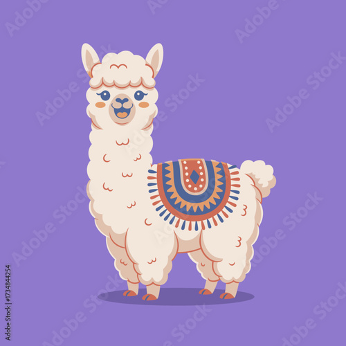 A charming cartoon alpaca poses happily on a vibrant purple backdrop, adorned with a decorative blanket, symbolizing joy, playfulness, and uniqueness.