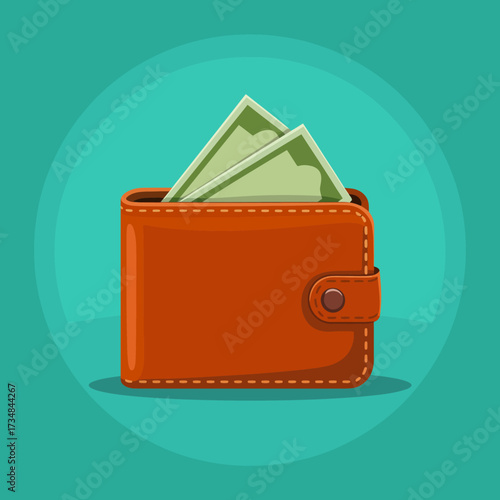 An elegant brown wallet displays cash, symbolizing financial security and style, captured in a minimalistic design on a vibrant turquoise background.