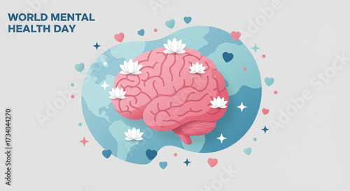 Embrace global well-being on World Mental Health Day with a serene brain adorned with calming lotus flowers, promoting peace and awareness worldwide.