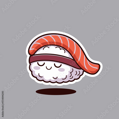 A charming sushi character with a playful expression, featuring a piece of salmon, promoting a fun interpretation of food through its cartoonish design and color palette.