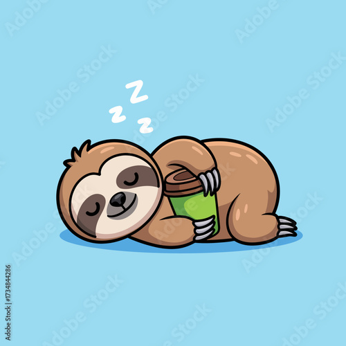 This charming illustration features a peaceful sloth sleeping while hugging a coffee cup, depicting relaxation and coziness in a delightful cartoon style.