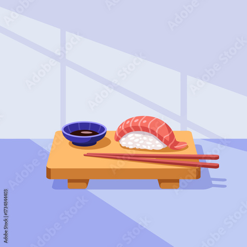 A beautifully arranged sushi platter featuring sliced salmon and a small bowl of soy sauce, creating an appetizing and visually appealing culinary scene.