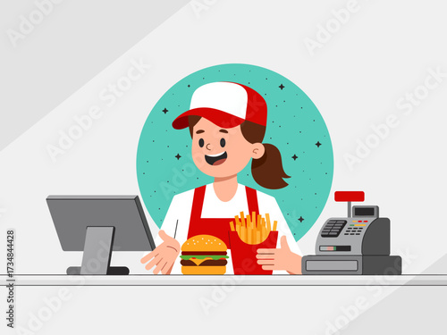 A cheerful fast food worker is standing behind the counter, ready to take orders, showcasing a delicious burger and fries to attract customers and add vibrancy.